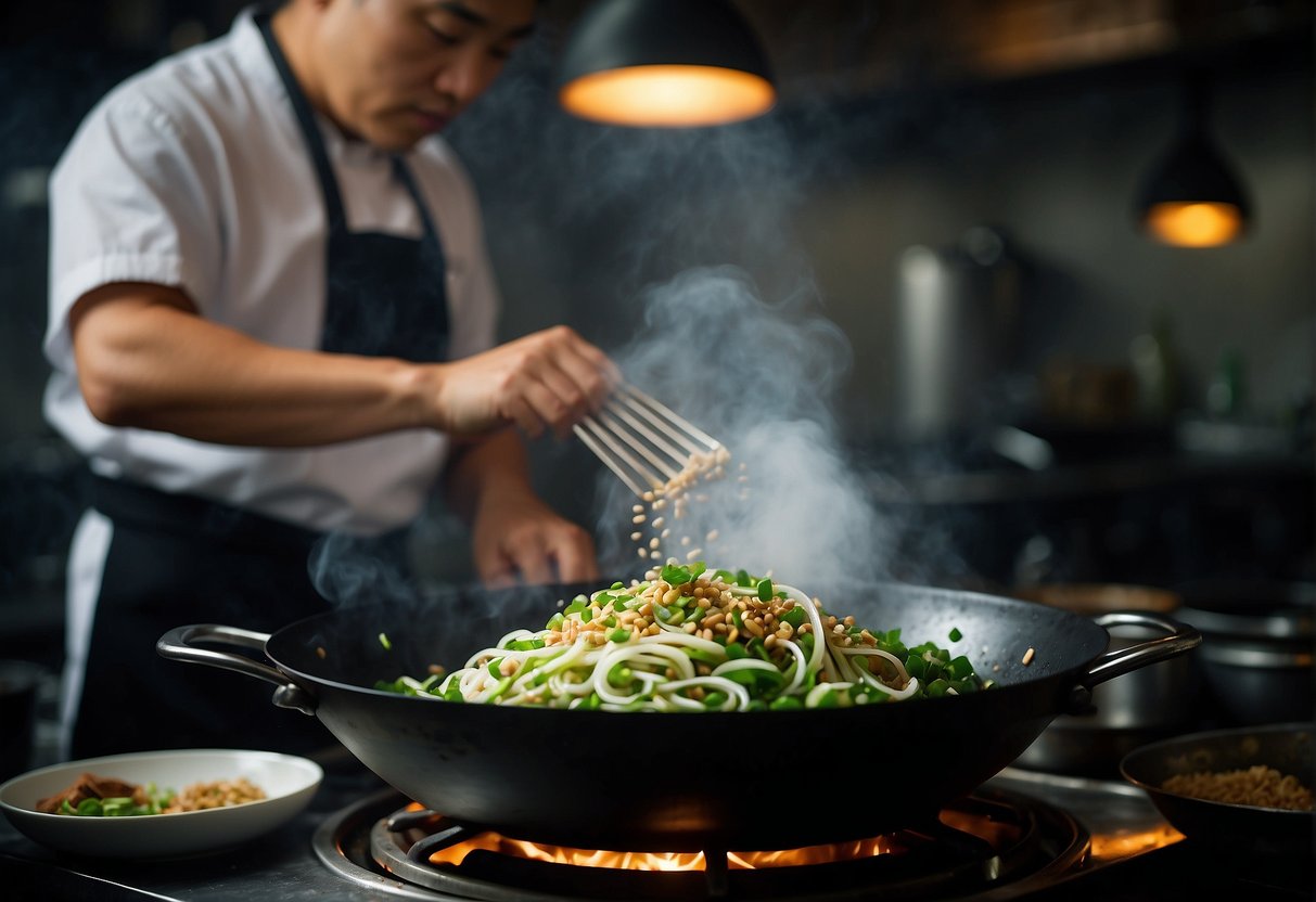 A wok sizzles with diced spring onions, ginger, and garlic as a chef stirs in soy sauce and sesame oil. Steam rises from the fragrant mixture