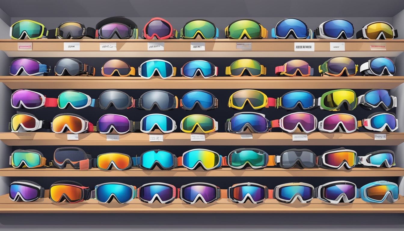 A display of various ski goggles with price tags, surrounded by informational signs, in a store in Singapore