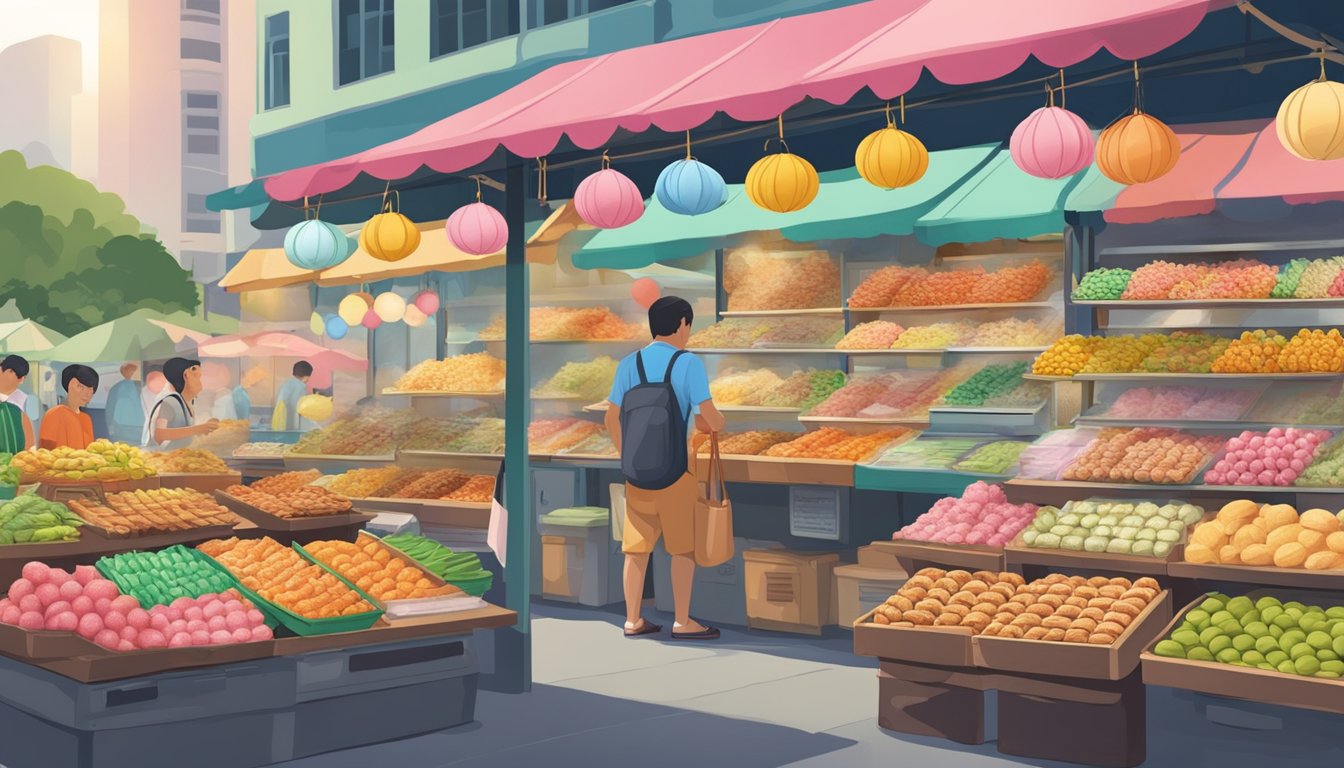 A bustling Singapore market stall sells colorful nonya kueh