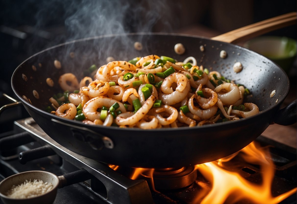 A chef stir-fries squid with ginger, garlic, and green onions in a sizzling wok, adding soy sauce and sesame oil for a savory Chinese dish