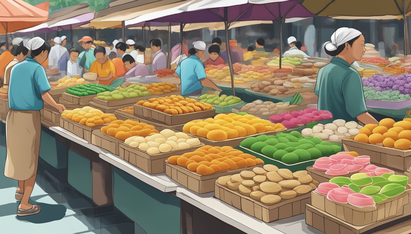 A display of colorful Nonya kueh at a bustling Singapore market