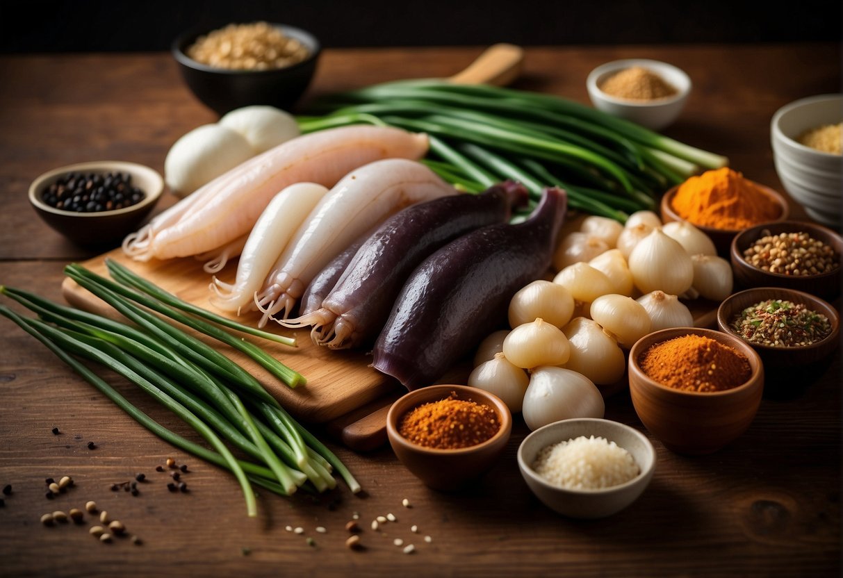 A variety of fresh squid, ginger, garlic, soy sauce, and green onions laid out on a wooden cutting board, surrounded by traditional Chinese spices and seasonings