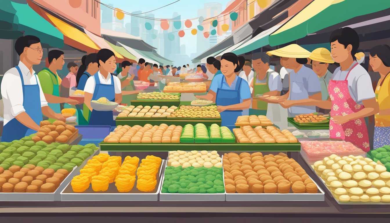 A colorful display of authentic Nonya kueh at a bustling market in Singapore, with vendors eagerly showcasing their traditional sweet treats