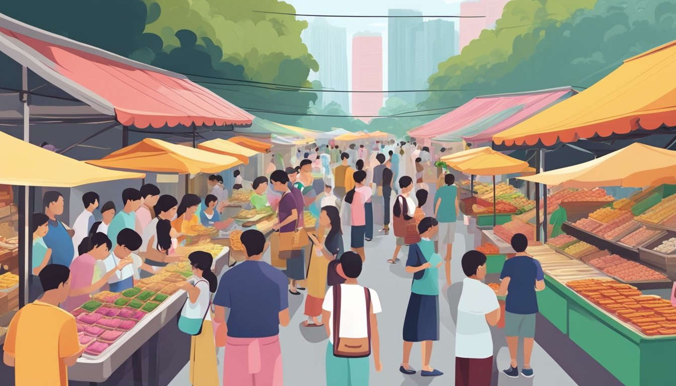 A bustling street market in Singapore, with colorful stalls selling various nonya kueh. Customers line up to purchase the traditional Peranakan snacks