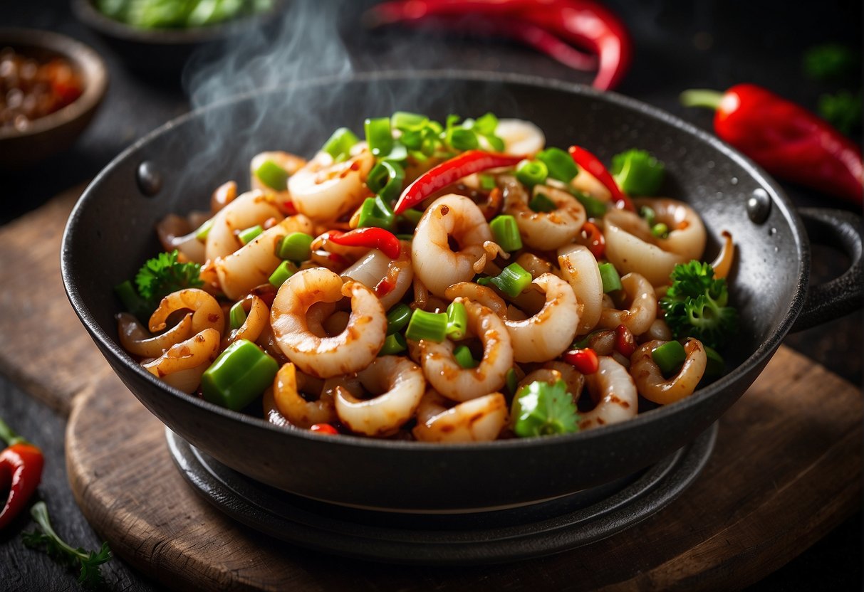 Sizzling squid stir-fried in a wok with ginger, garlic, and soy sauce. Chopped scallions and red chilies add color and flavor