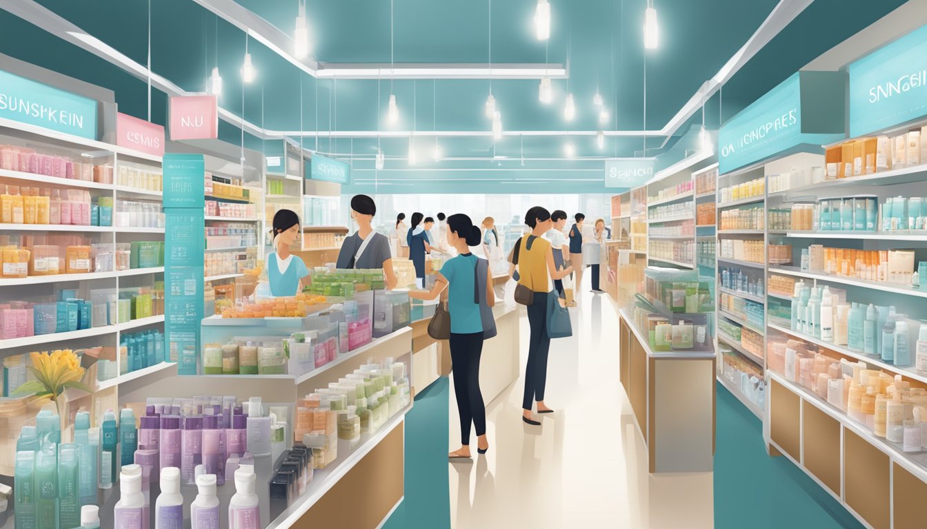 A bustling Singaporean market stall displays a variety of Nu Skin products, with vibrant signage and eager customers browsing the shelves
