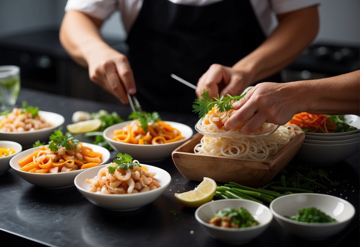 A chef prepares Chinese squid dishes, arranging them with complementary ingredients for a visually appealing presentation