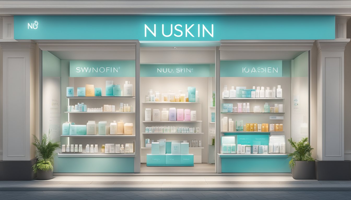 A bright and modern storefront in Singapore displays a variety of Nu Skin products, with a prominent sign indicating where to purchase them