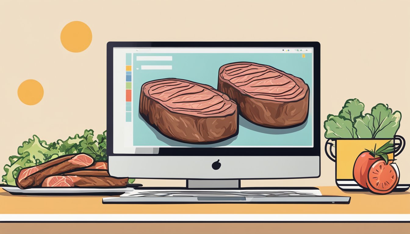 Juicy steaks displayed on a computer screen, with a "buy now" button highlighted