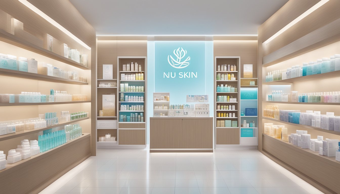 A display of Nu Skin products in a Singaporean retail store, featuring a variety of skincare and wellness items neatly organized on shelves with clear price tags