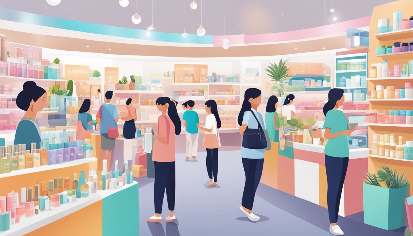 A bustling marketplace with colorful signs and a variety of beauty products on display. Customers are browsing and asking about Nu Skin products in Singapore