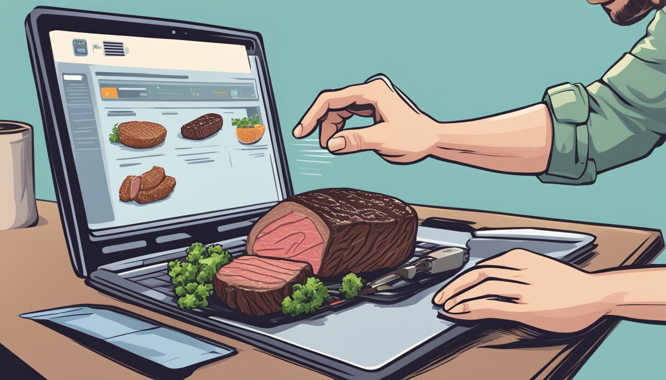 A hand reaches for a computer mouse, clicking "add to cart" on a website selling various cuts of steak. A variety of options are displayed, from ribeye to filet mignon