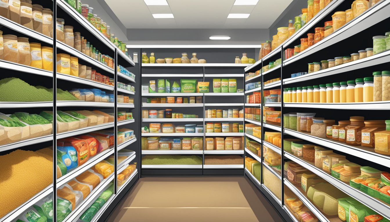 A bustling health food store shelves filled with various products, a section dedicated to nutritional yeast in Singapore
