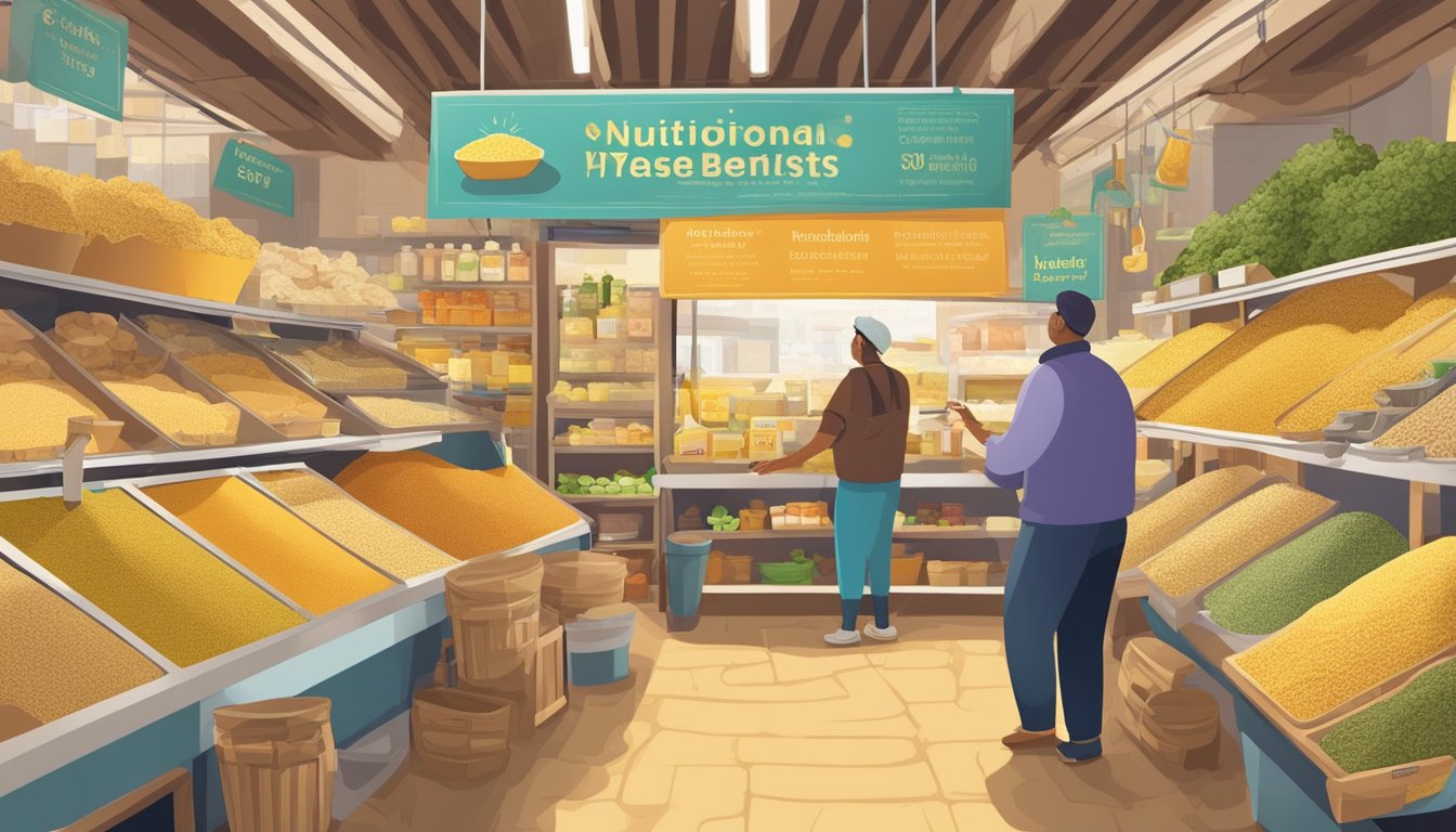 A vibrant market stall displays various forms of nutritional yeast, with signs highlighting its health benefits and culinary uses. The vendor interacts with customers, showcasing the product's popularity
