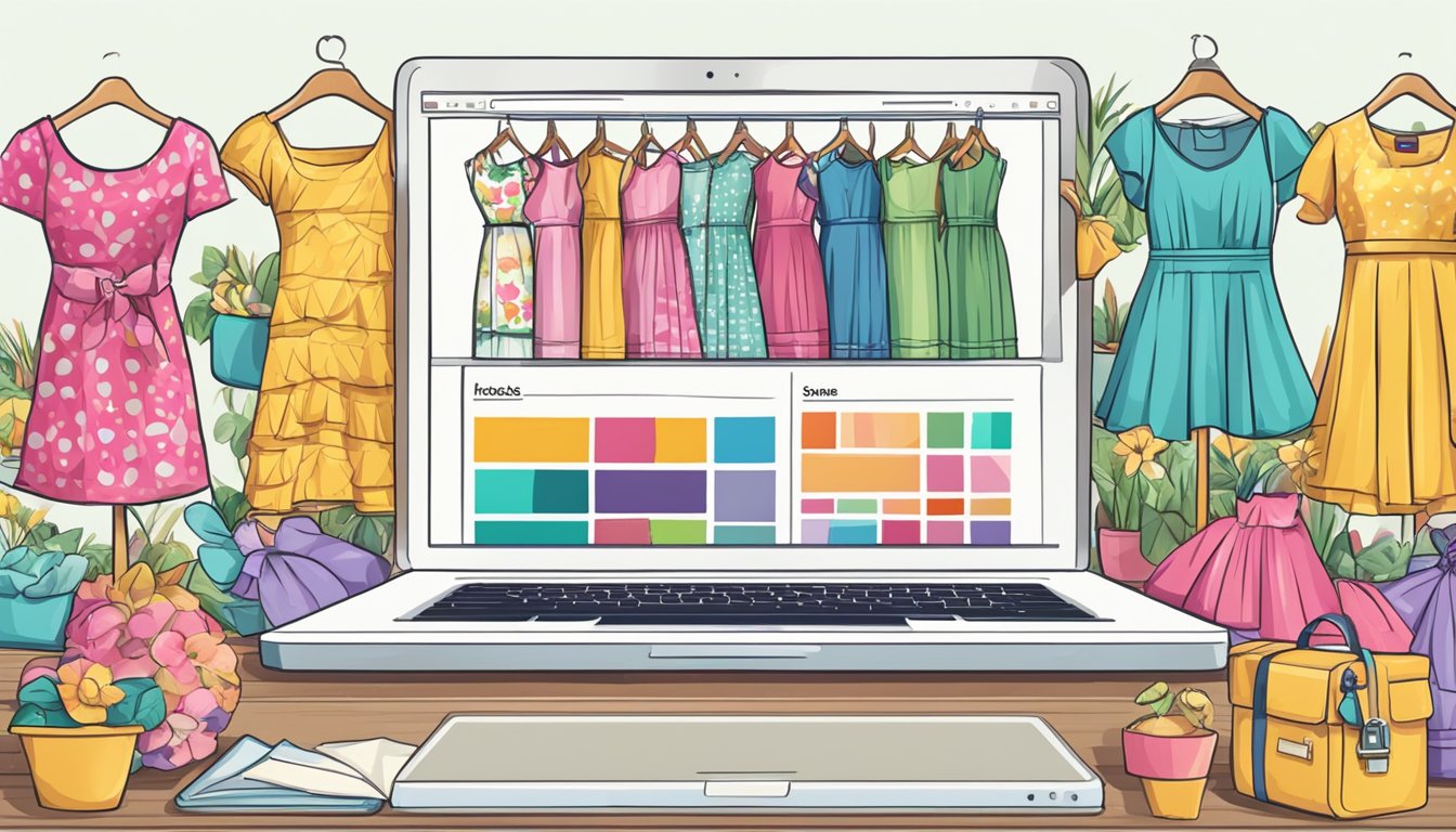 A laptop displaying a website with various colorful summer dresses. A cursor hovers over the "Add to Cart" button