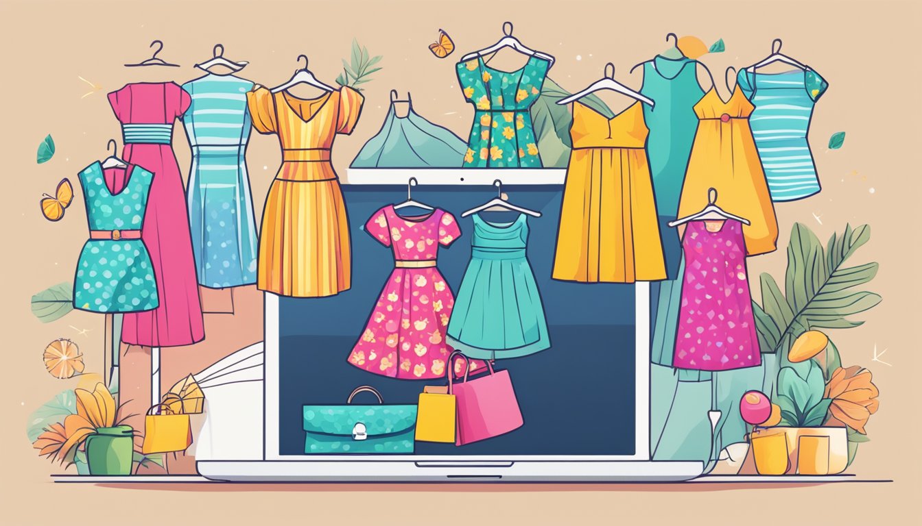A laptop displaying a variety of colorful summer dresses on a website, with a cursor hovering over a "buy now" button