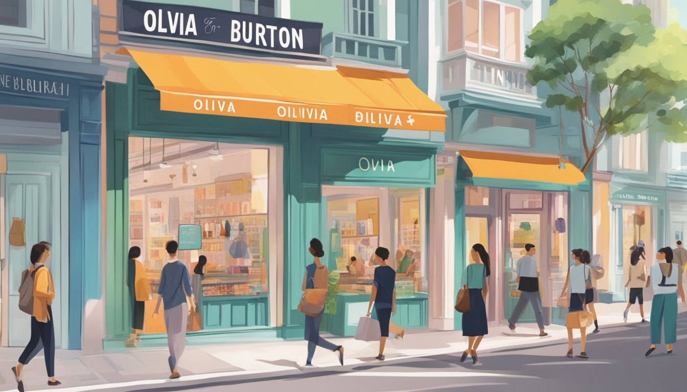 A bustling street in Singapore with vibrant storefronts and a prominent sign reading "Olivia Burton" in bold letters. Pedestrians walk by, peering into the window displays