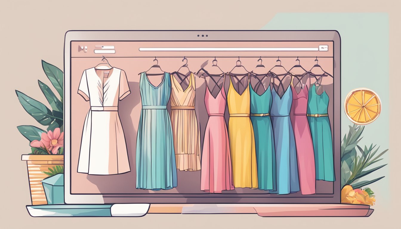 A computer screen displaying various summer dresses on an online shopping website, with a cursor hovering over the "add to cart" button