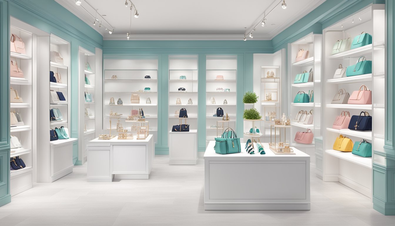 A bright and stylish boutique display showcasing Olivia Burton accessories, with elegant watches and jewelry on sleek white shelves