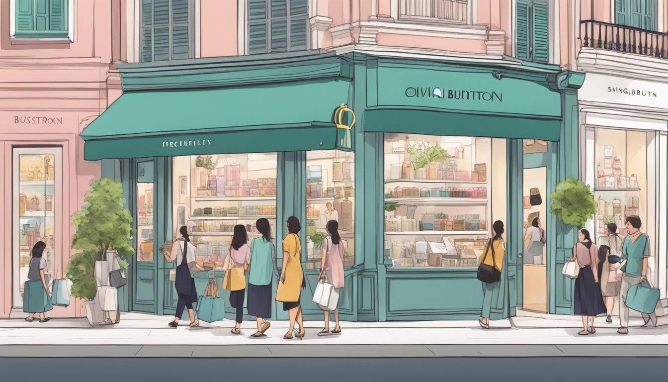 A bustling Singapore street with a prominent Olivia Burton storefront, surrounded by curious shoppers and a sign displaying "Frequently Asked Questions" about where to buy their products