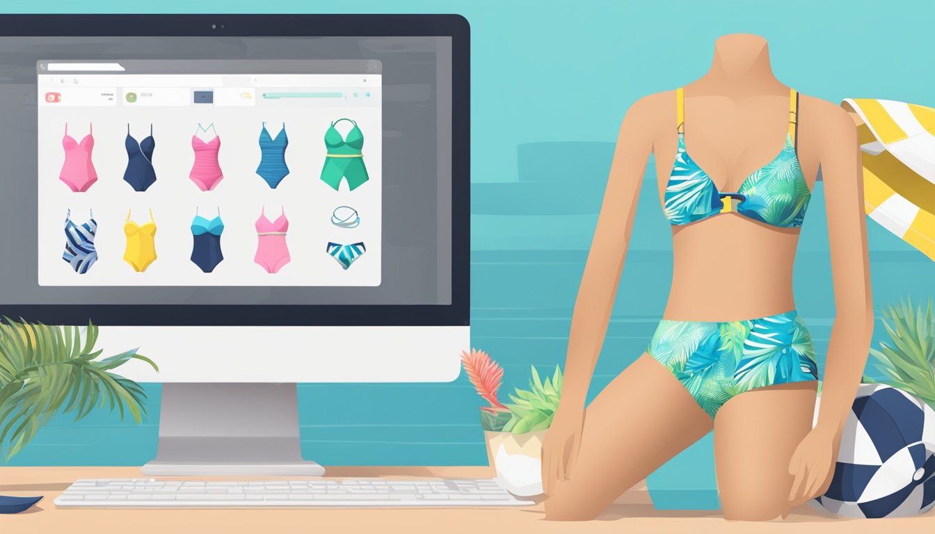 A computer screen with a variety of swimsuits displayed. A cursor hovers over a "buy now" button