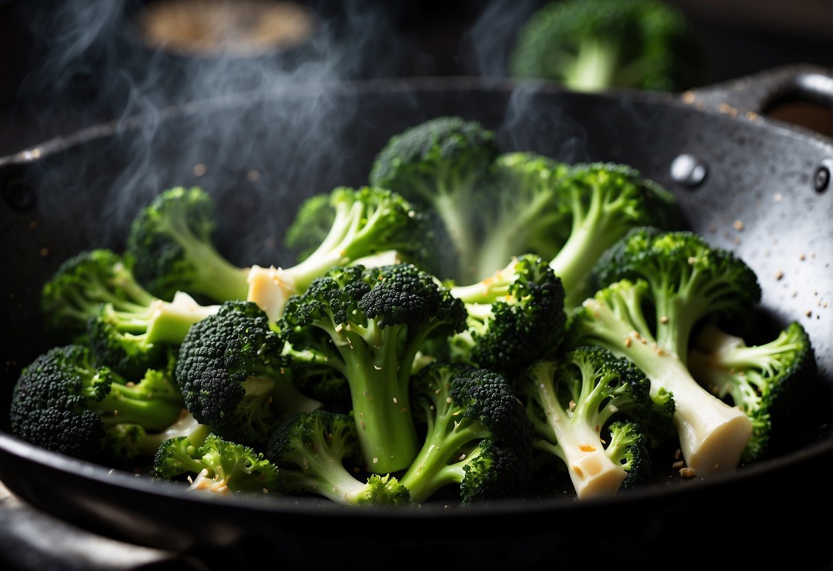 Fresh broccoli steaming in a wok with ginger, garlic, and soy sauce. Steam rises as the vibrant green color of the broccoli pops against the dark wok