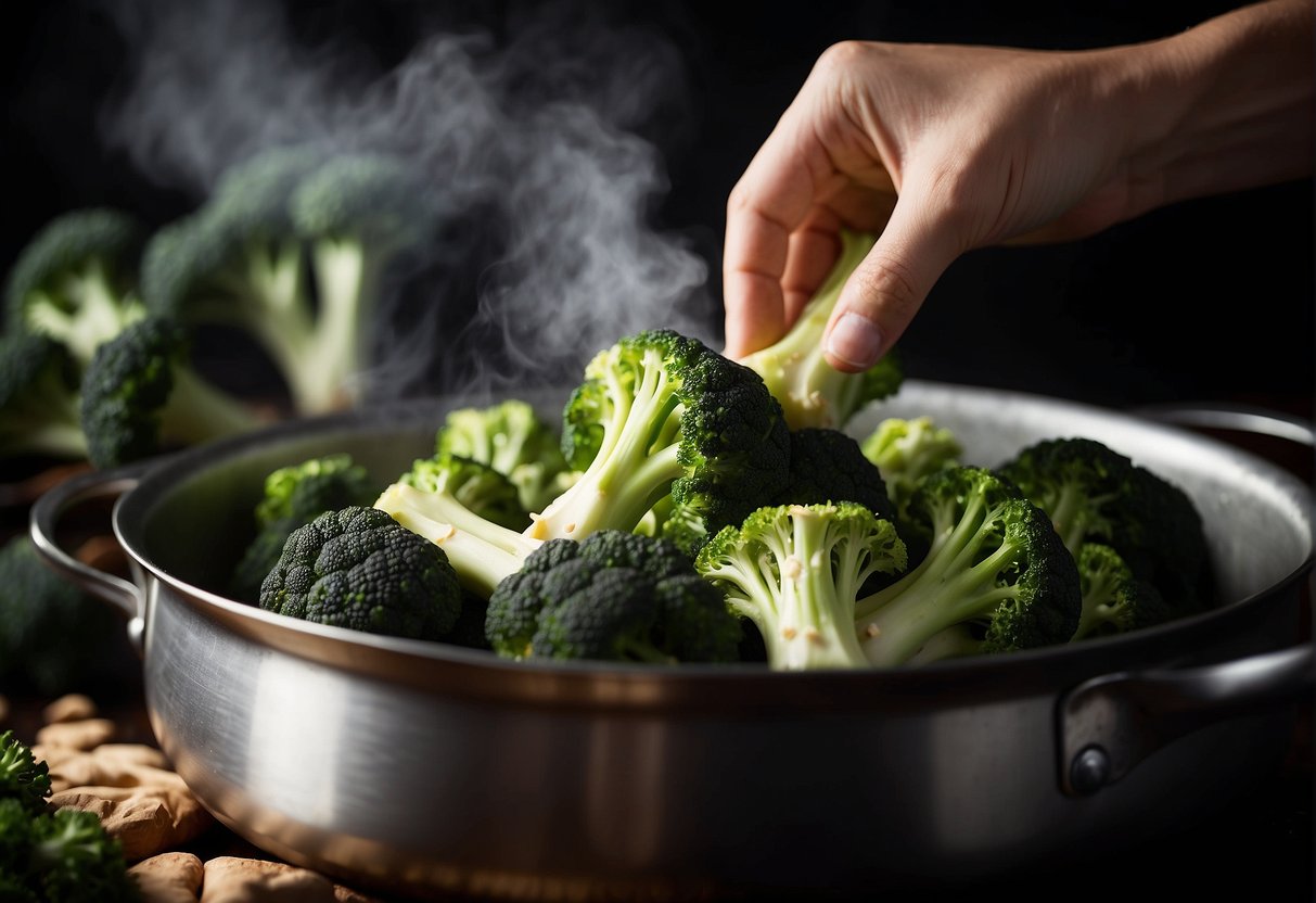A hand reaches for broccoli, ginger, and soy sauce to make a Chinese recipe. Steam rises from the pot