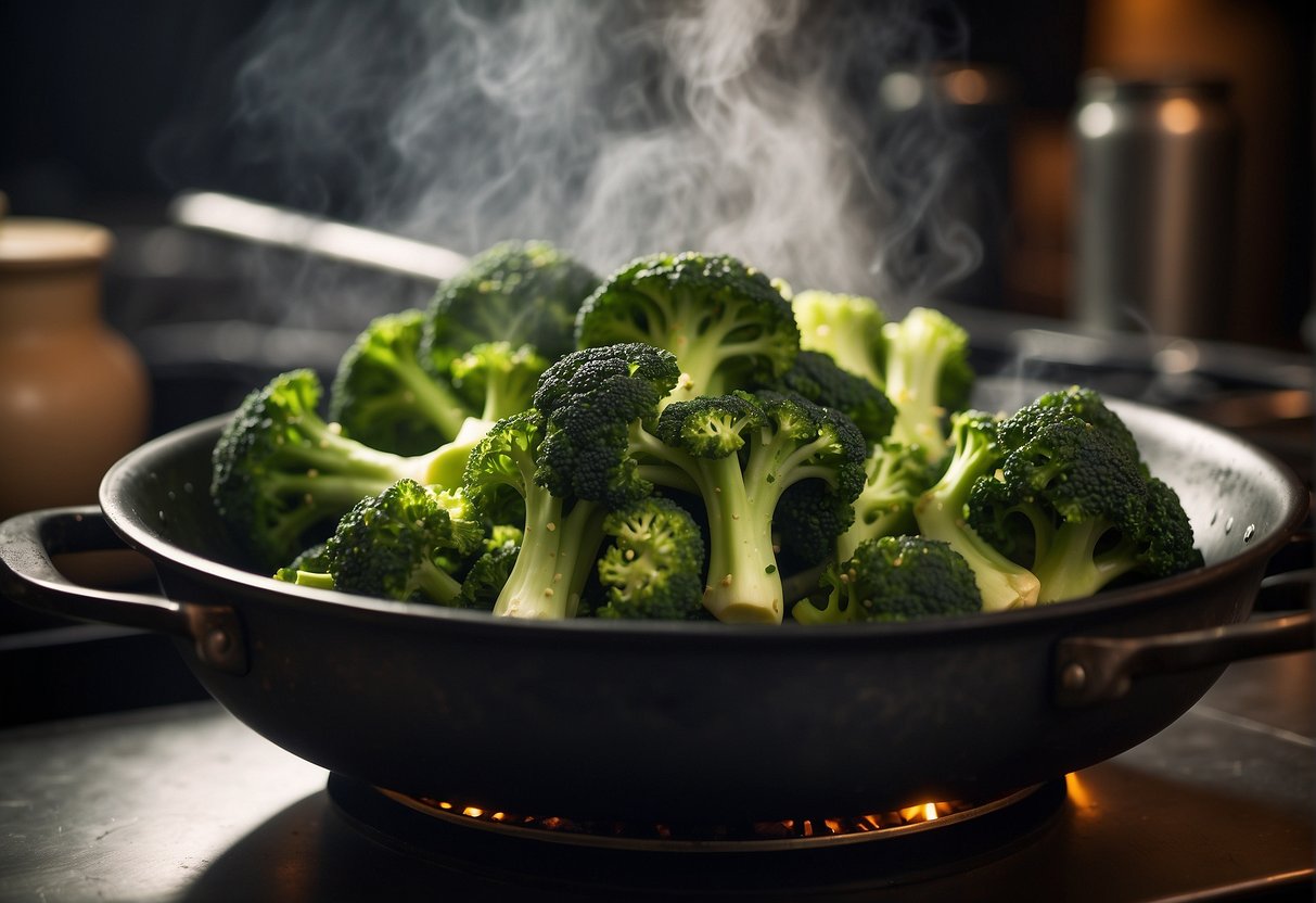 Broccoli steaming over wok with Chinese seasonings