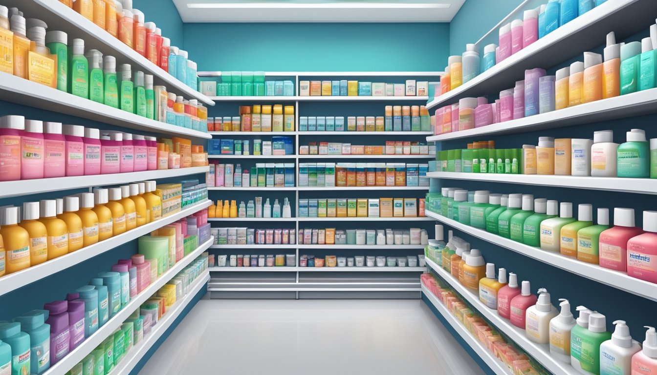 A colorful display of oral aid lotions in a Singaporean pharmacy, with various brands and sizes neatly arranged on shelves