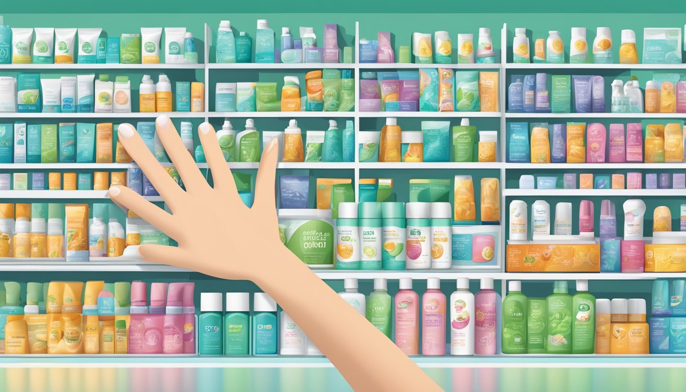 A hand reaches for a bottle of Oral Aid Lotion on a pharmacy shelf in Singapore. The bright packaging stands out against the backdrop of other oral care products