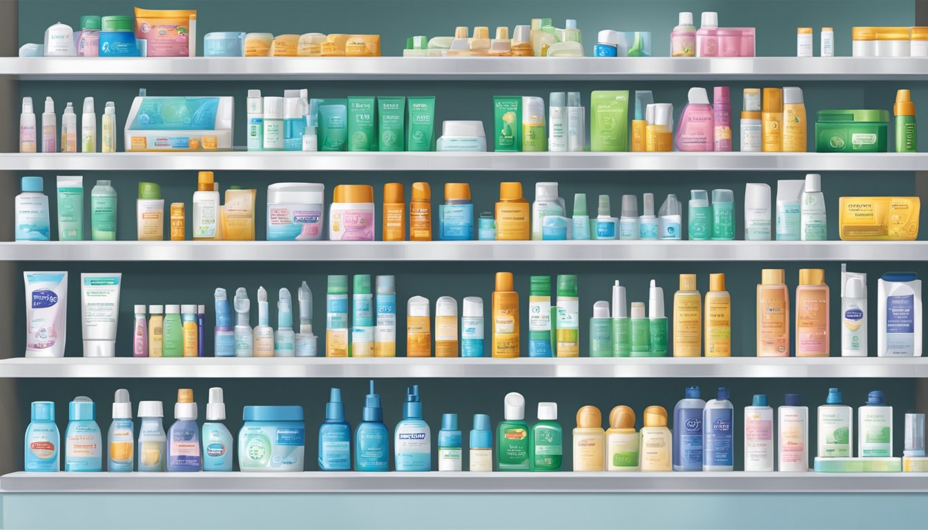A pharmacy shelf displays oral aid lotion in Singapore