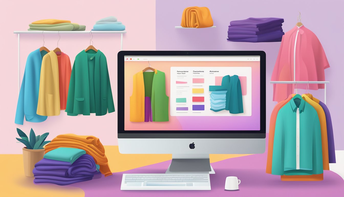 A computer screen displays a variety of colorful and high-quality textiles available for purchase online. The website features clear images and detailed descriptions of the fabrics