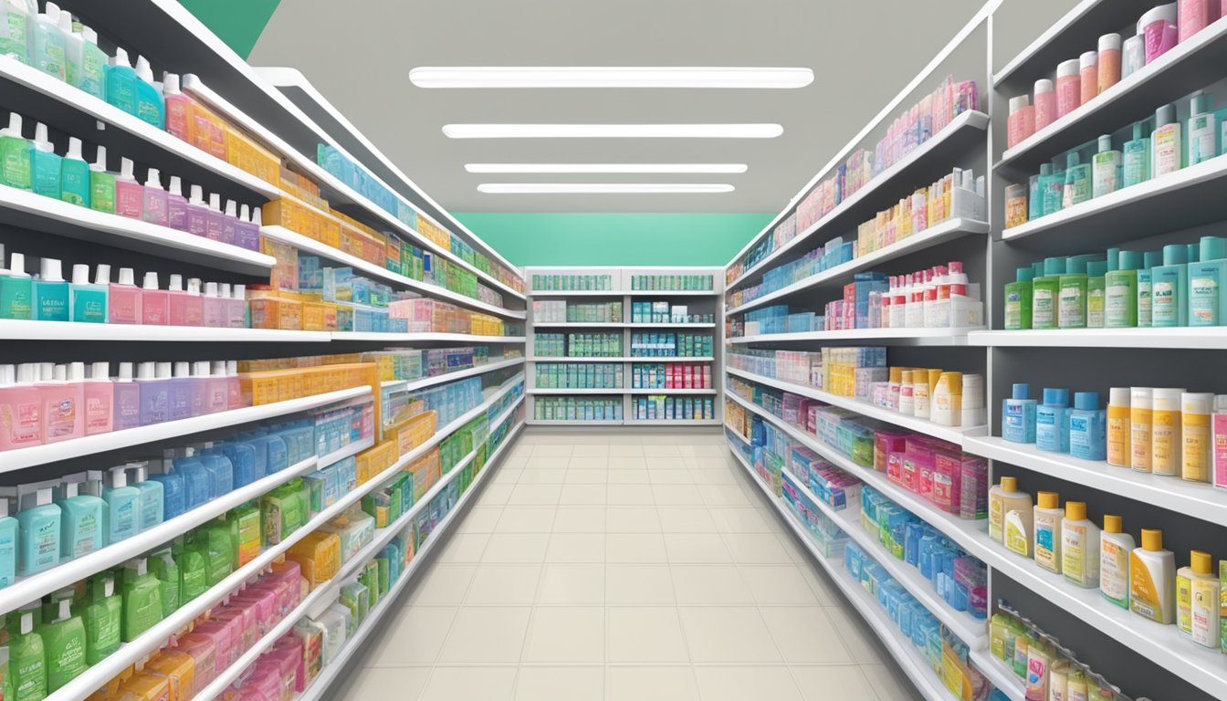 Shelves of oral aid lotion stocked in a Singapore store, with clear signage and product information