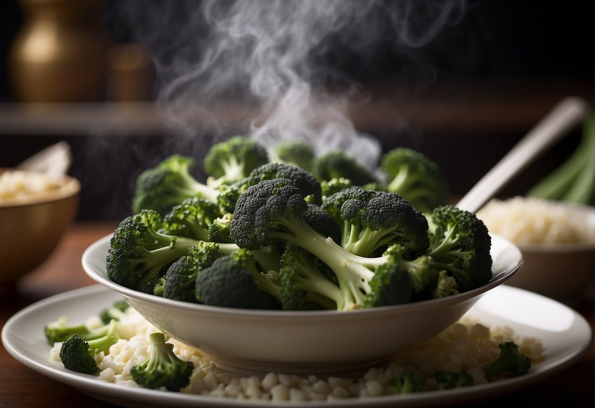 Broccoli steaming in a Chinese recipe, surrounded by billowing steam