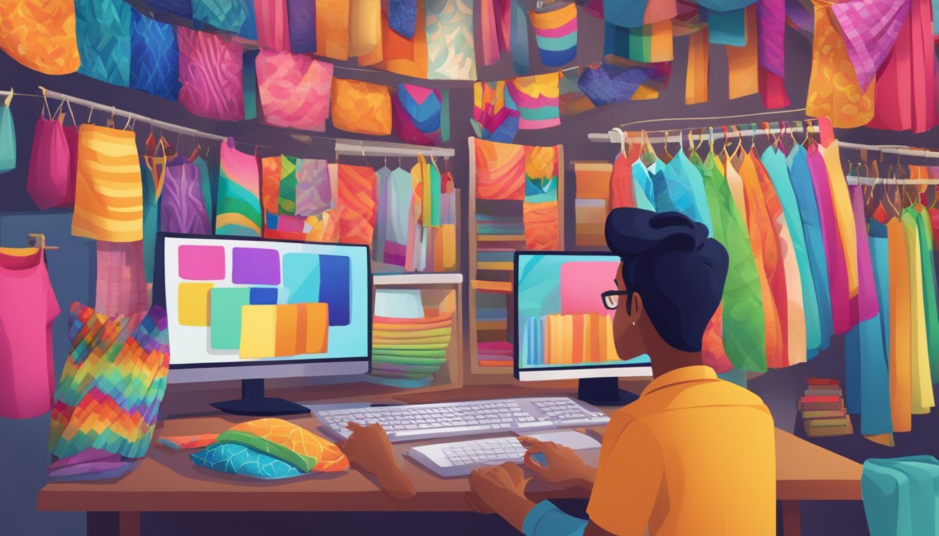 A person browsing a variety of colorful textiles on a computer screen, with a look of excitement and creativity in their eyes