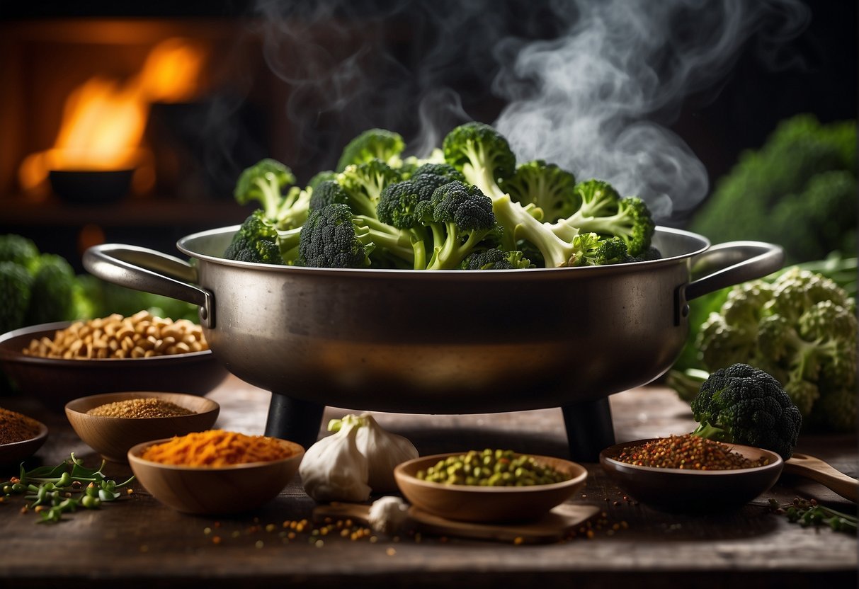 Broccoli steaming over a sizzling wok, surrounded by Chinese spices and seasonings