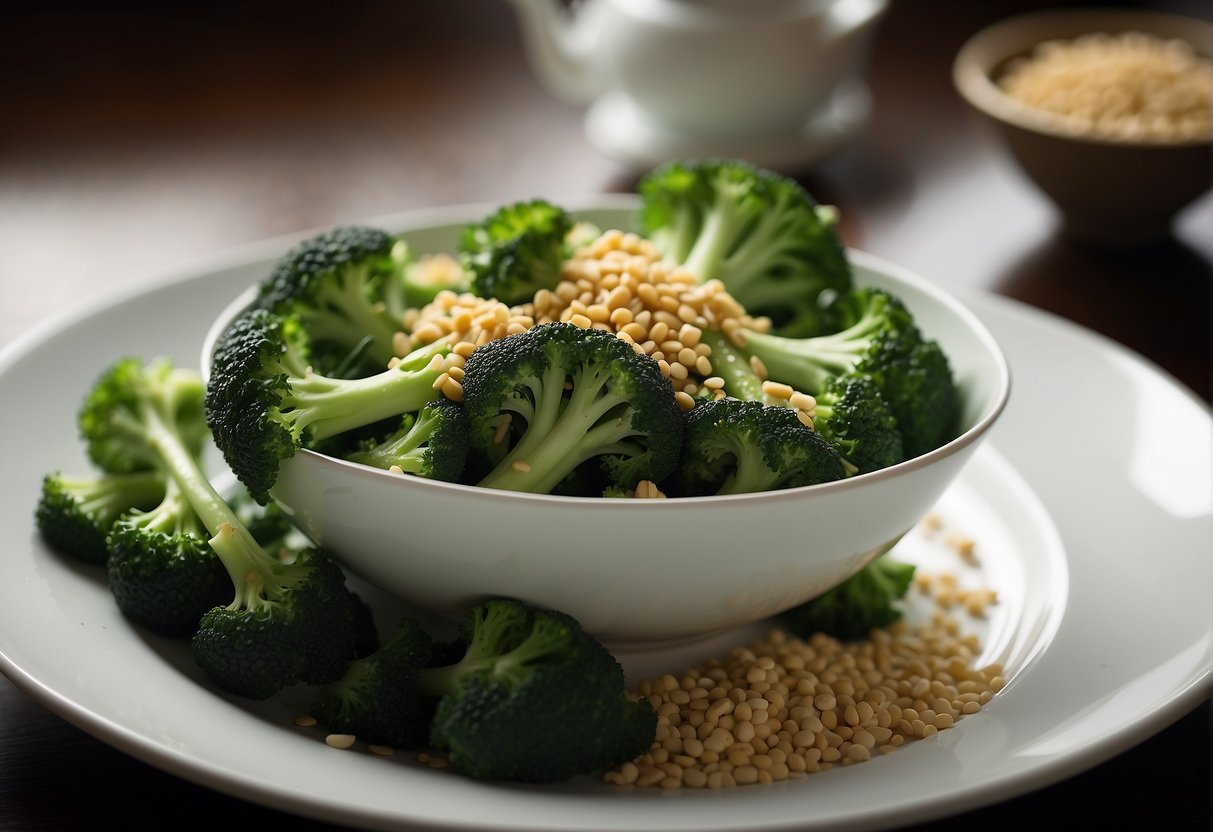 A steaming bowl of Chinese-style broccoli, garnished with sesame seeds and served on a white plate