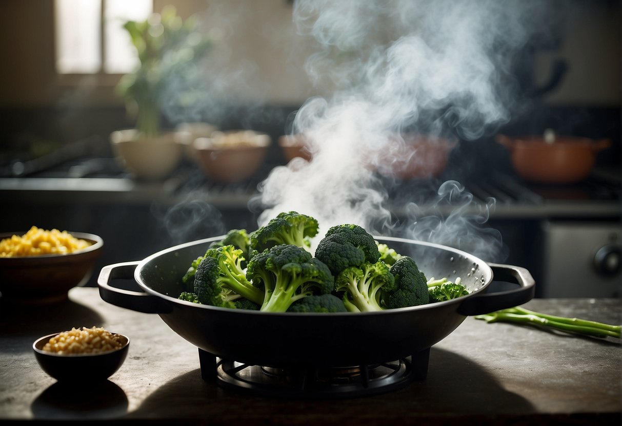 Steam rises from a wok filled with vibrant green broccoli florets, surrounded by various Chinese cooking ingredients and utensils