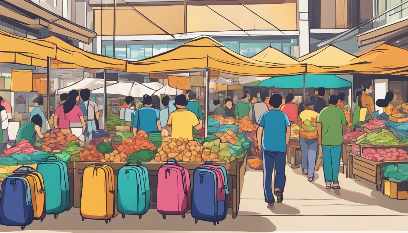 A bustling market stall displays various packing cubes in vibrant colors and sizes, with a sign reading "Where to buy packing cubes in Singapore."
