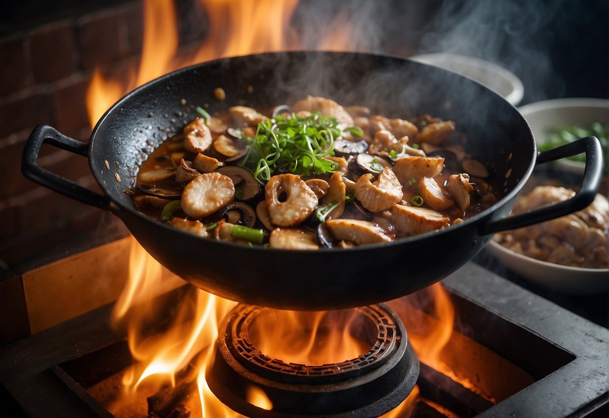 A wok sizzles with sliced chicken and mushrooms in a fragrant Chinese sauce, steam rising from the bubbling mixture