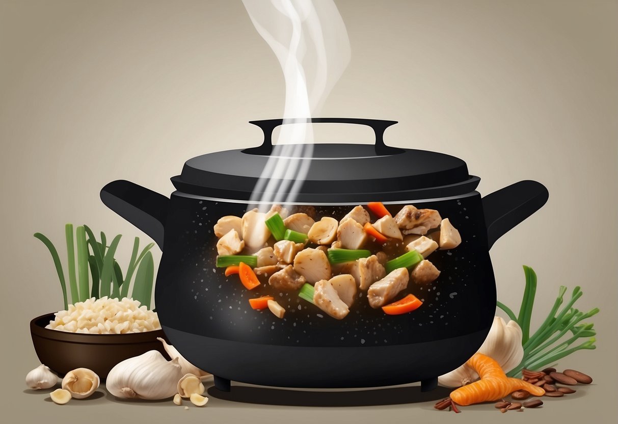 A pot steams with chicken, mushrooms, and Chinese spices. Ingredients surround the pot: soy sauce, ginger, garlic, and green onions