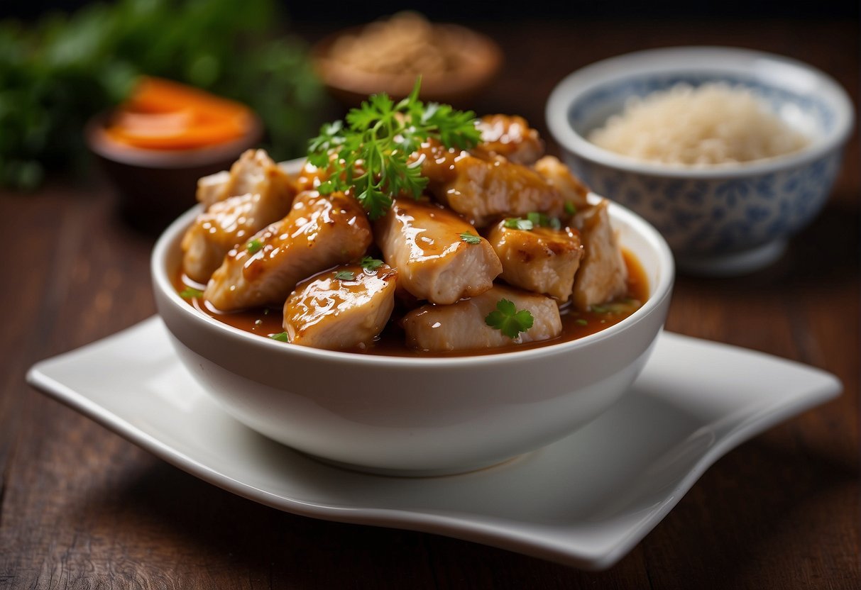 Chicken pieces marinate in a fragrant Chinese mushroom sauce, steam rising from the dish
