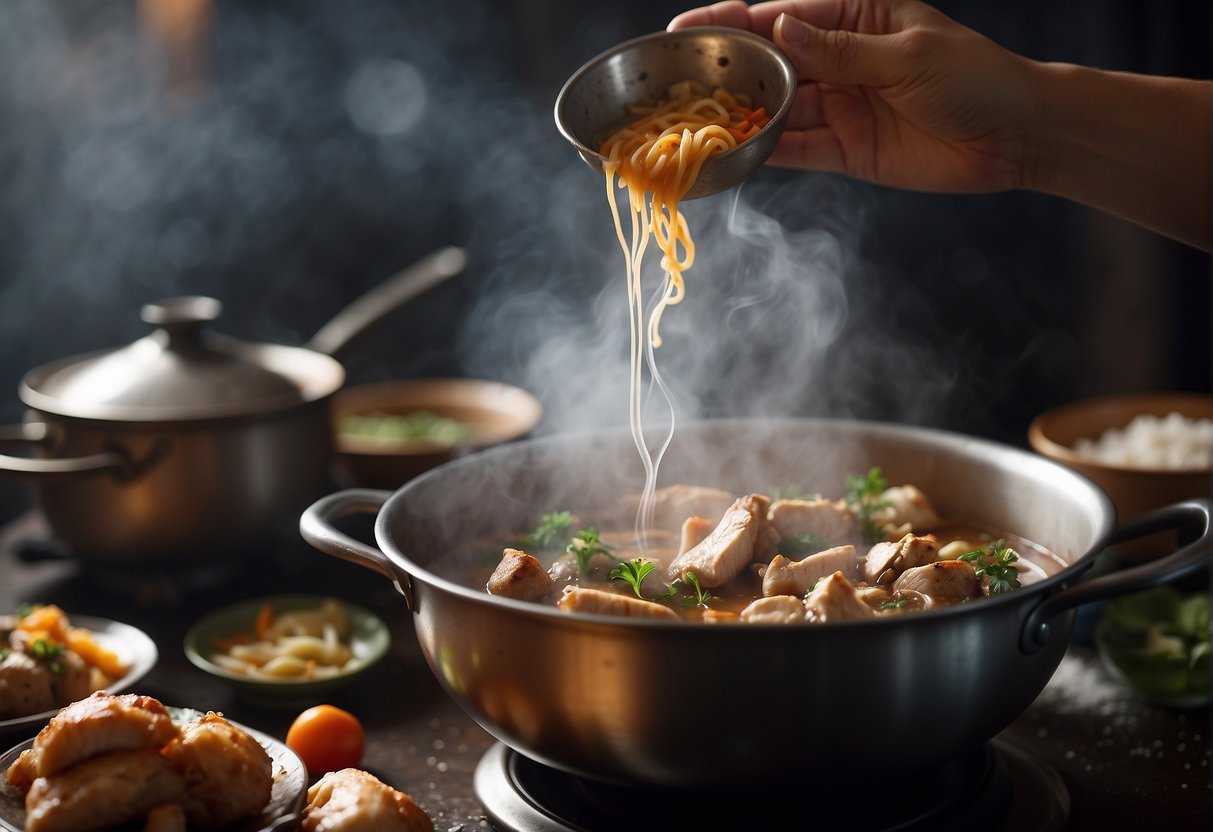 Steam rises from a pot of simmering chicken and mushroom in a traditional Chinese recipe