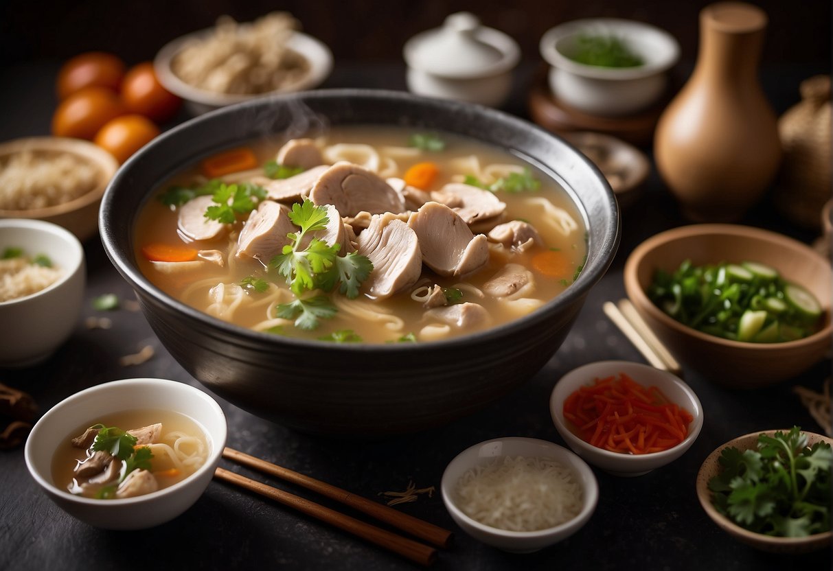 A steaming bowl of Chinese chicken mushroom soup, surrounded by traditional Chinese cooking ingredients and utensils