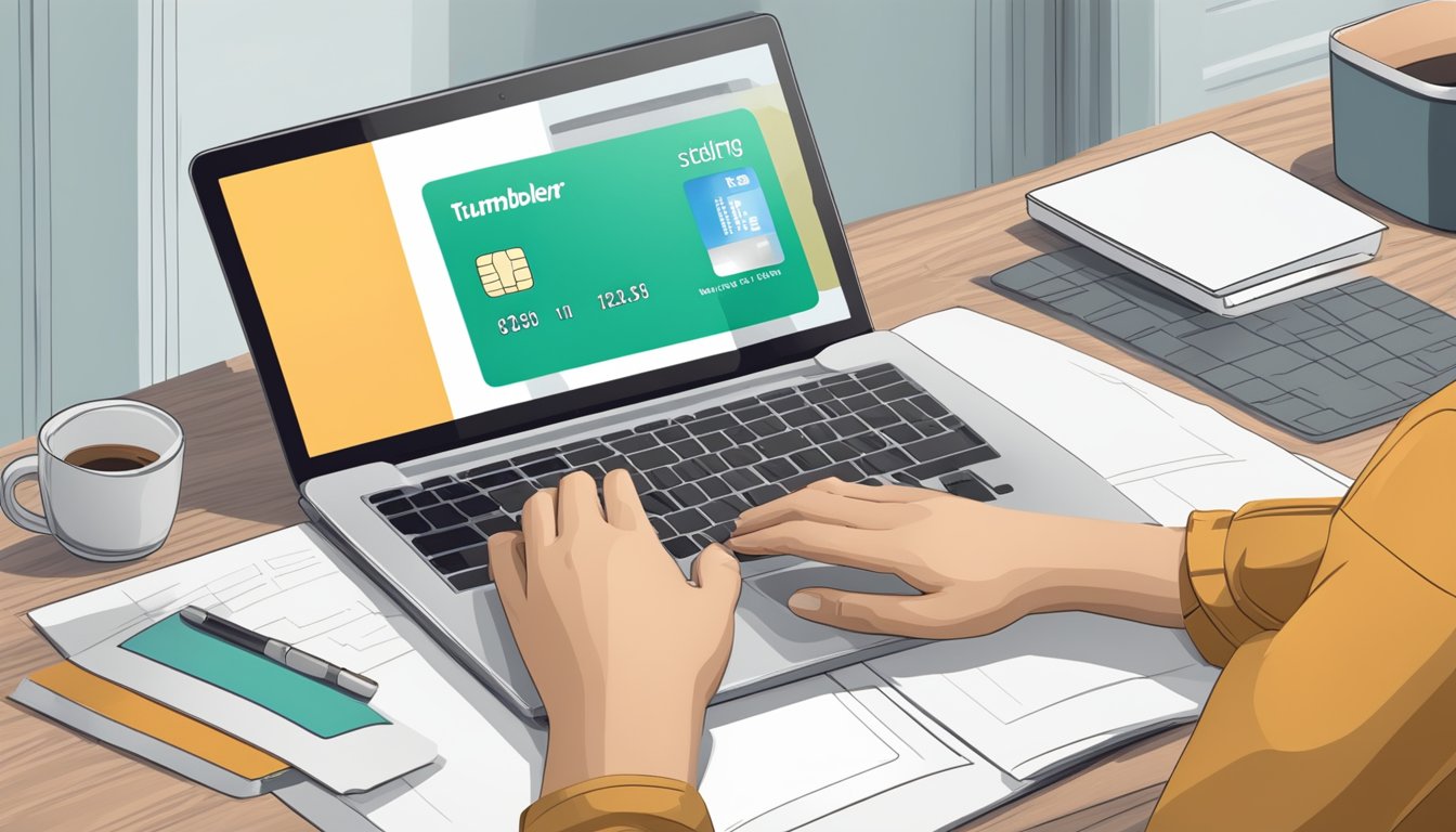A hand reaches for a laptop, clicking "buy tumbler online" with a credit card nearby