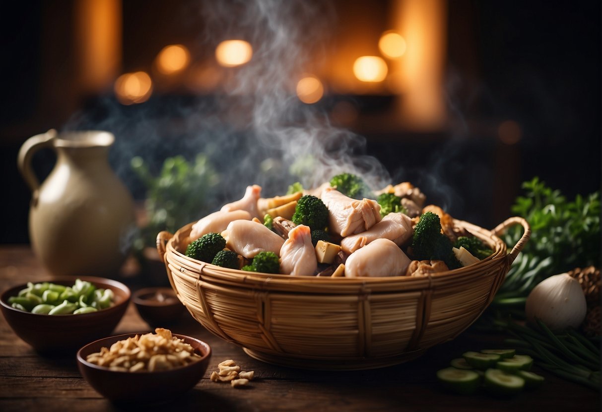 A steaming bamboo basket filled with succulent chicken and mushroom, surrounded by traditional Chinese cooking ingredients