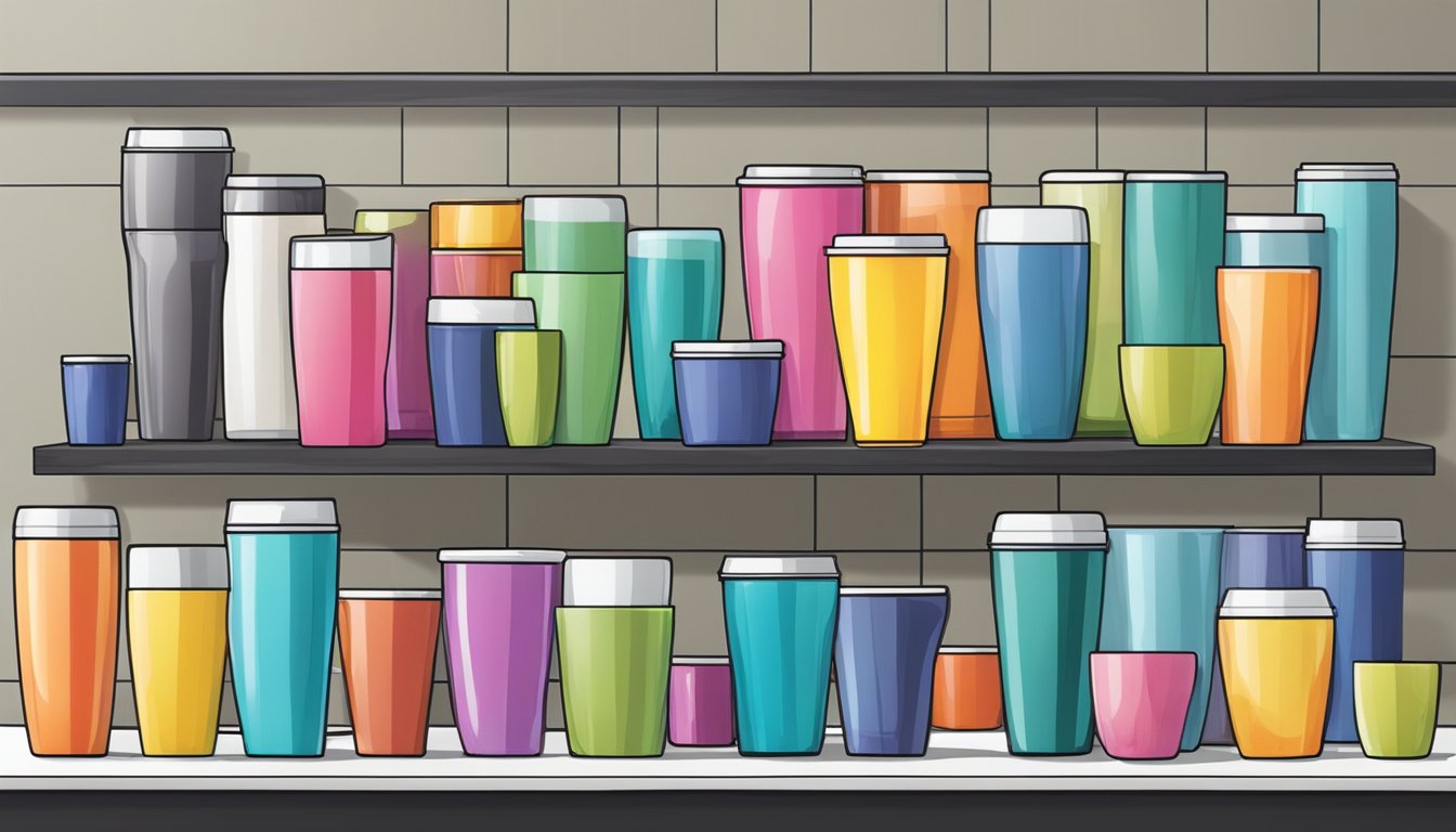 A colorful array of tumblers, displayed on a clean, modern countertop. Various sizes, shapes, and designs catch the eye, inviting the viewer to discover their perfect tumbler