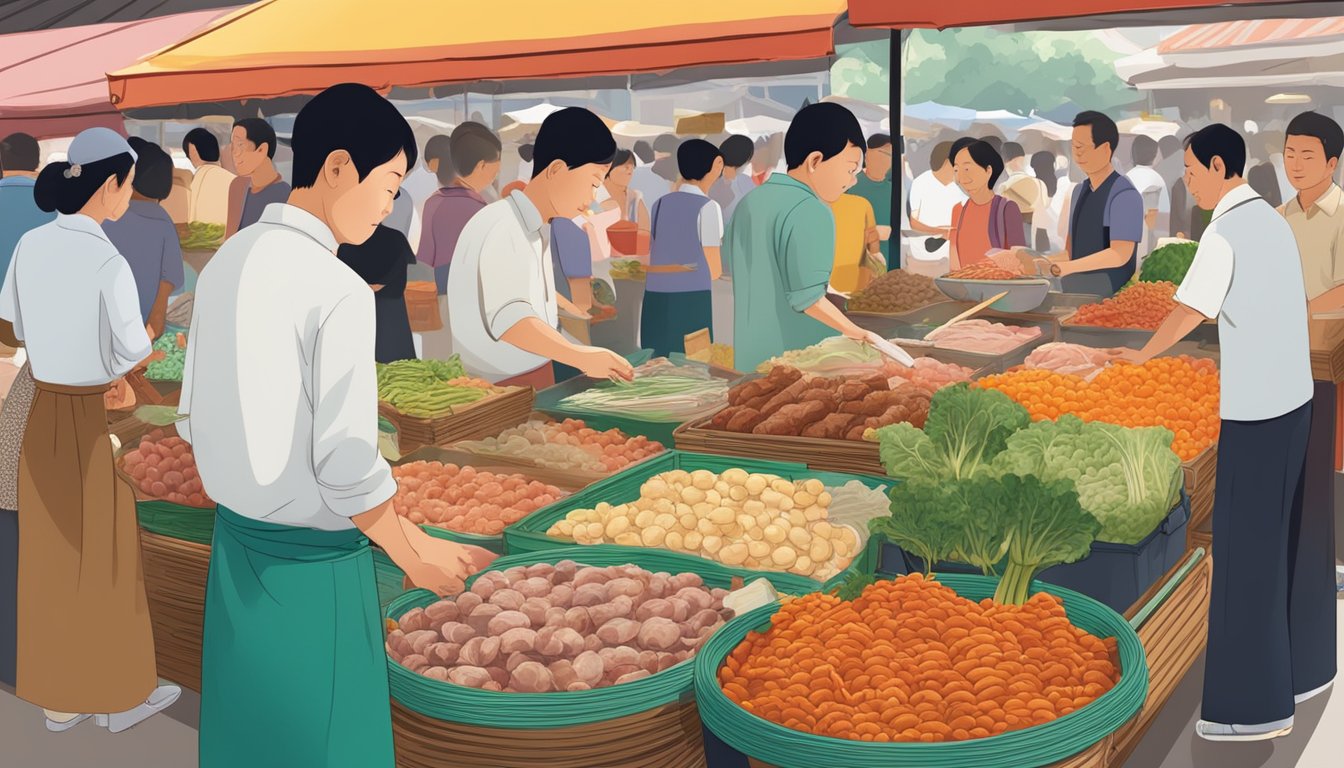 A bustling Singapore market stall displays colorful ingredients for pen cai, a traditional Chinese dish. Shoppers browse the selection of meats, seafood, and vegetables