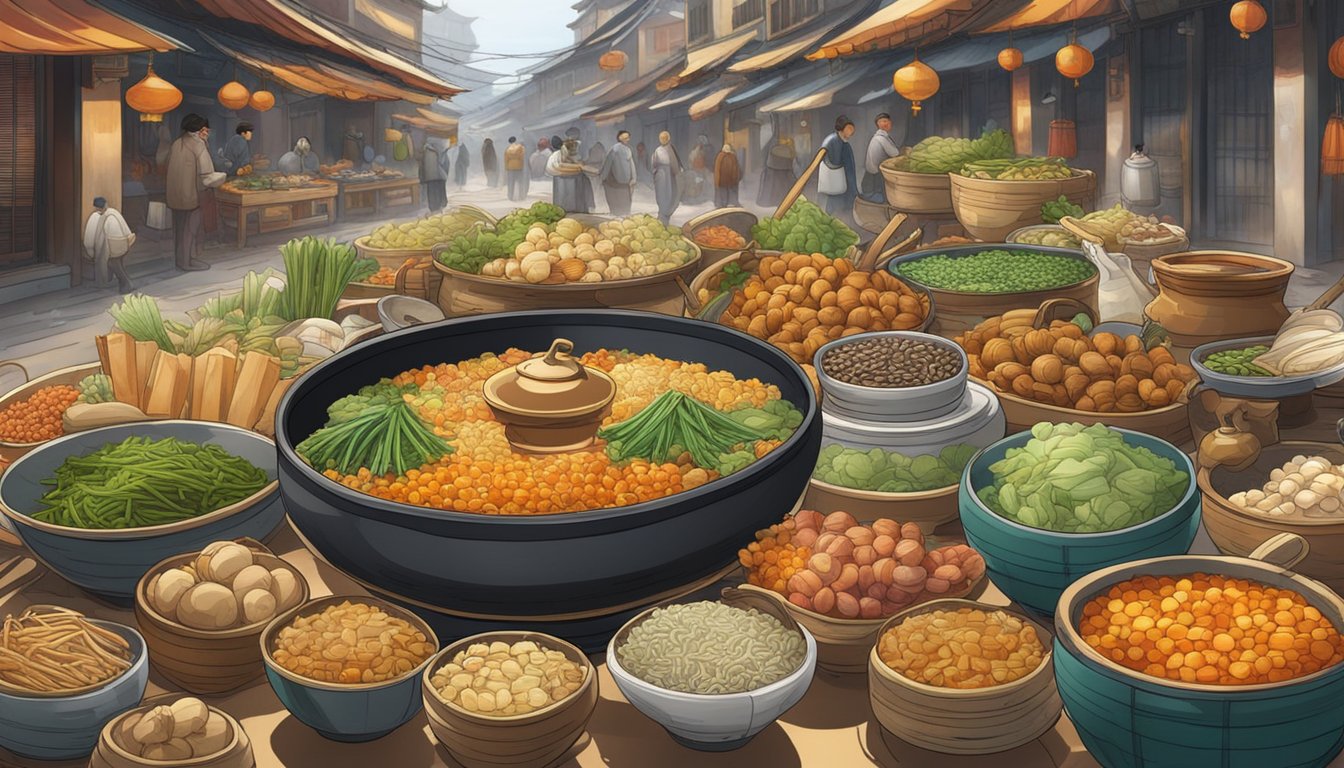 A table set with a large pot of Pen Cai surrounded by various ingredients and utensils, with a bustling market in the background