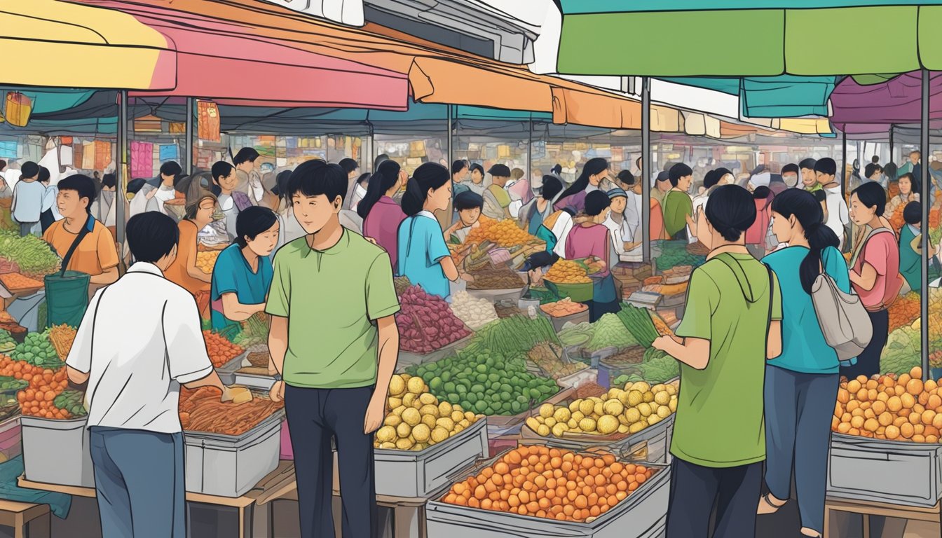 A bustling market stall in Singapore, with colorful displays of pen cai, surrounded by curious customers and vendors
